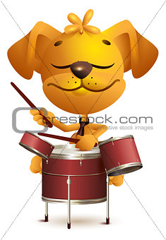 Yellow fun dog Drummer beats drums