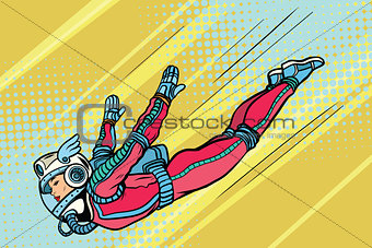 woman superhero flying in a futuristic space suit