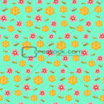 Colorful pattern with bees, flowers and honeycombs