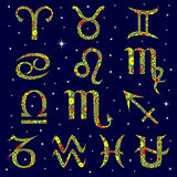 Set of thirteen zodiac signs on the starry sky