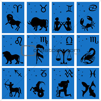 Twelve black silhouettes of Zodiac signs over blue
