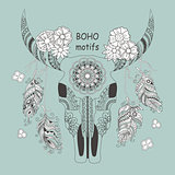 boho card with cow skull and flowers