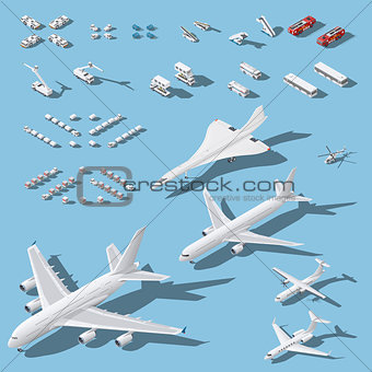 Various passenger airplanes and maintenance equipment for airport isometric icons set