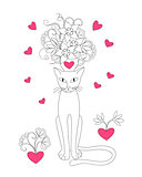 elegance lovely cat with cup, flowers and 2 hearts