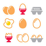 Eggs icons, fried egg, egg box - breakfast icons set