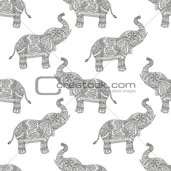 Seamless pattern with hand-drawn tribal styled elephant.