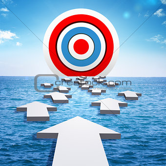 Big target on horizon of sea and arrows