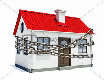 House with a red roof is wrapped in metal chain