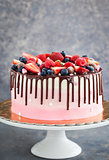Delicious homemade cake decorated with chocolate and  fresh berr