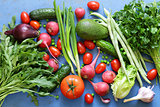 Assorted vegetables (tomatoes, radish, cucumbers, avocado) healthy food