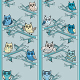 Owl tree branch vertical vector seamless pattern