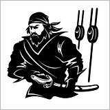 Attacking pirate - black and white vector illustration