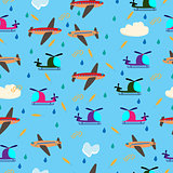 Kids seamless vector pattern with airplanes and helicopters