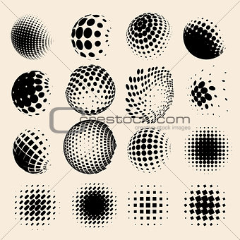 Collection of halftone sphere vector logo set. Abstract globe symbol, isolated round icon, business concept .You can use science and technology, tourism, global financial or environmental background.