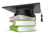 Graduation cap on books. 3D