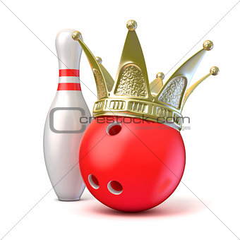 Golden crown on bowling ball and pin. 3D