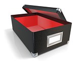 Black leather opened box, with chrome corners, red interior and 
