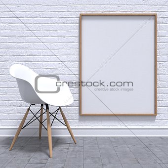 Blank white photo frame with chair. Mock-up render
