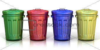 Four recycle bins for recycling paper, metal, glass and plastic