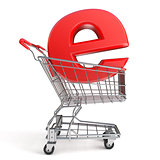Shopping cart and E symbol. E-shop concept. 3D