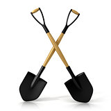 Crossing shovels isolated on white background. 3D