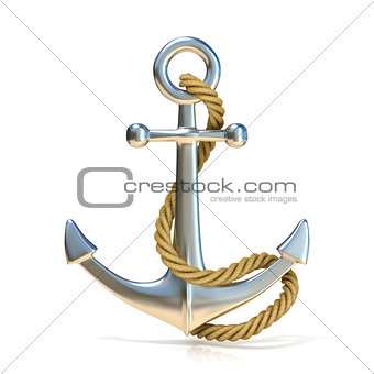 Steel anchor with rope isolated on a white background. 3D