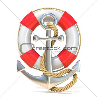 Anchor, lifebuoy and rope. 3D
