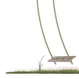 Swing made of rope and a wooden plank over grass ground. 3D