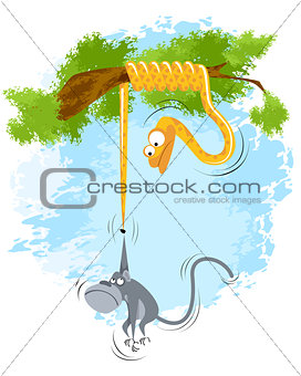 Monkey hangs on snake