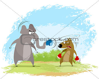 Elephant and wolf boxing