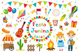 Festa Junina set icons, flat style. Brazilian Latin American festival, celebration of traditional symbols. Collection of design elements, isolated on white background. Vector illustration, clip-art.