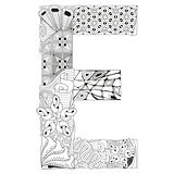 Letter E for coloring. Vector decorative zentangle object