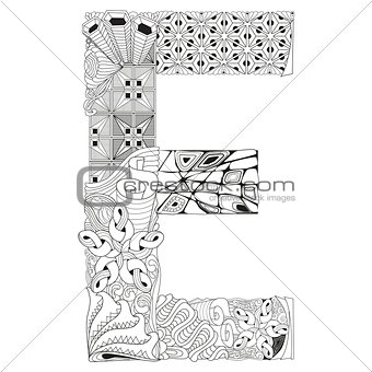Letter E for coloring. Vector decorative zentangle object