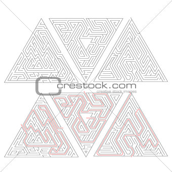 Three complicated triangle labyrinths with red path of solution isolated on white.