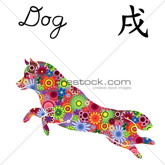 Jumping Dog with color flowers over white