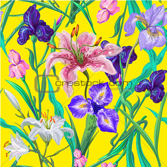 Seamless pattern with flowers. Iris. Lily. Vector. Hand drawn. Bright yellow
