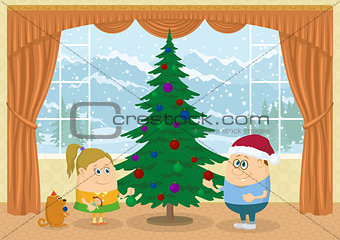 Children decorating Christmas fir tree