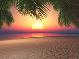 3D beach and palm trees against a sunset sky