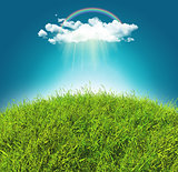 3D grassy landscape with a rainbow and rain cloud