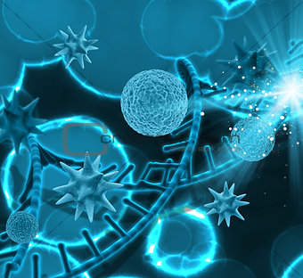 3D medical background with DNA strands and virus cells