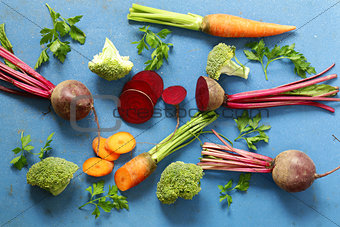 Fresh vegetables, carrots, beets and broccoli