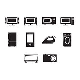 Flat black home appliances icon set