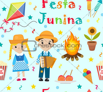 Festa Junina seamless pattern. Brazilian Latin American festival endless background. Repeating texture with traditional symbols. Vector illustration.