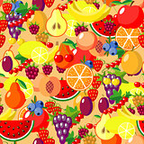 Flat fruits seamless pattern. Vector flat Illustrations of watermelon, banana, cherry, apple, strawberries, raspberries, blackberries, orange, kiwi fruit, pear for web, print and textile