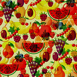 Flat fruits seamless pattern. Vector flat Illustrations of watermelon, banana, cherry, apple, strawberries, raspberries, blackberries, orange, kiwi fruit, pear for web, print and textile
