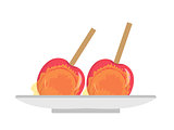 Apples in caramel, icon flat, cartoon style. Candy apple isolated on white background. Vector illustration, clip-art.