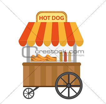 Hot dog street shop, cart. icon flat, cartoon style. Fast food concept isolated on white background. Vector illustration, clip-art.