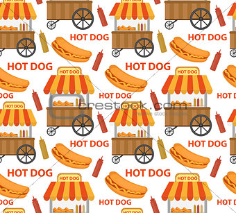 Hot Dog seamless pattern, endless texture. Fast Food repeating background. Vector illustration.