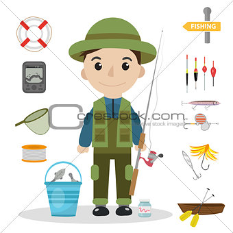 Fishing icon set, flat, cartoon style. Fishery collection objects, design elements, isolated on white background. Fisherman s tools with a fishing rod, tackle, bait, boat. Vector ilustration