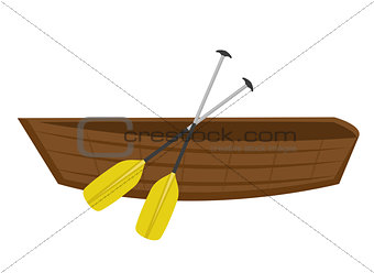 Wooden boat with paddles. icon flat, cartoon style. Isolated on white background. Vector illustration, clip-ar.